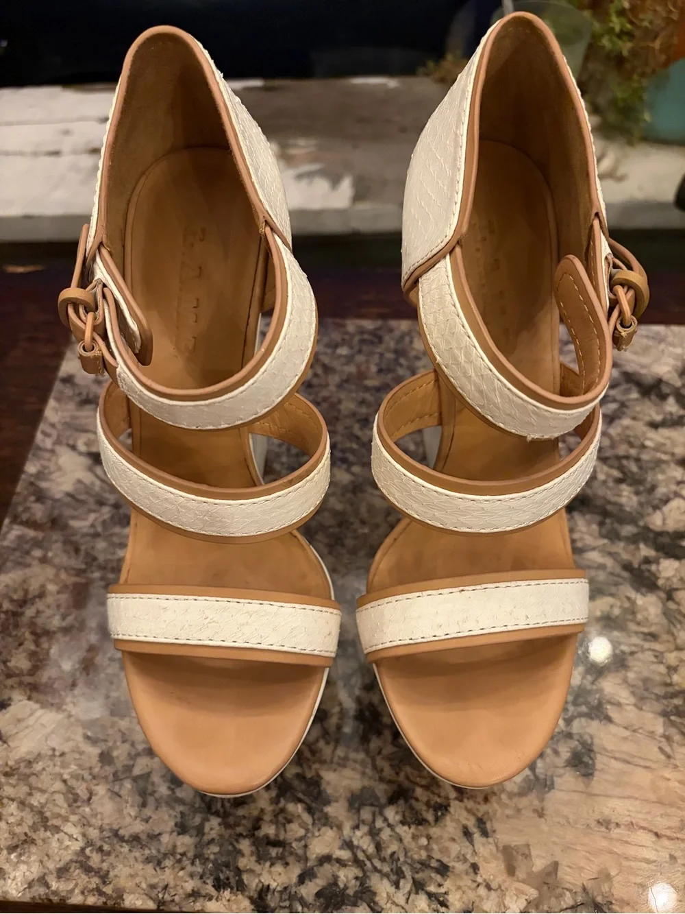 L.A.M.B. Inesa White & Tan Leather Platforms